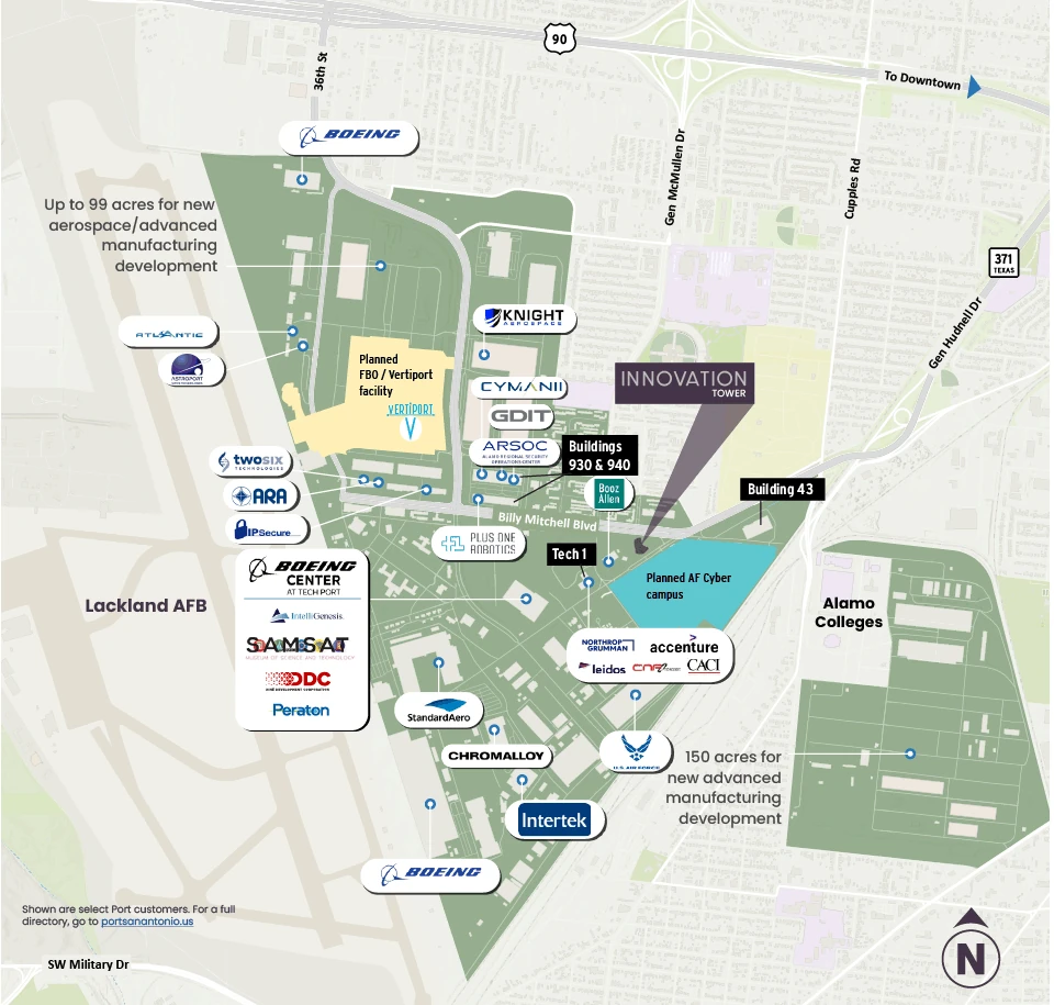 Port San Antonio campus map showing tenants, buildings and development sites