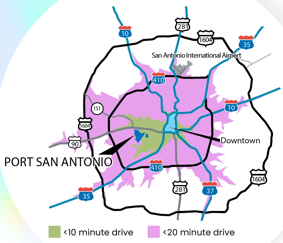 Drive-time map: most of the region within a 20-minute drive of the campus